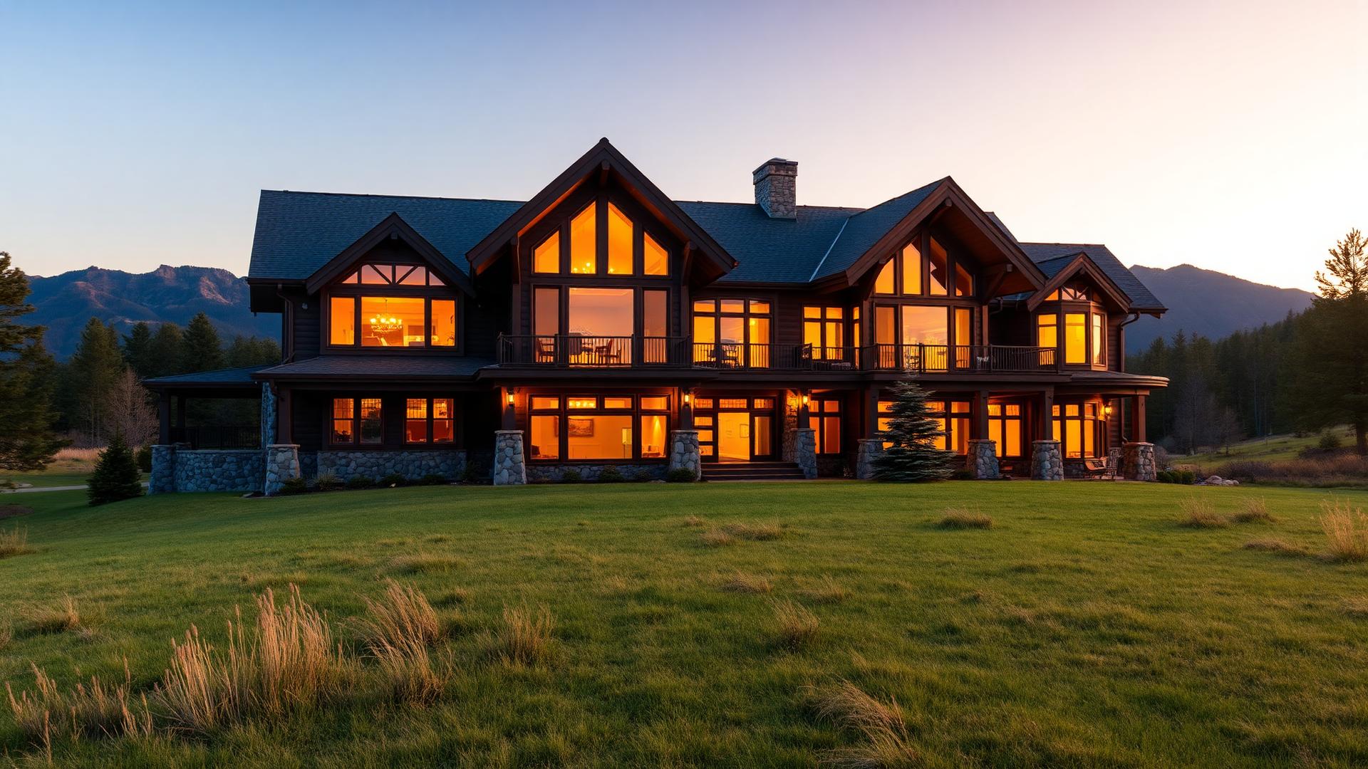 Large mountain lodge glowing at golden hour